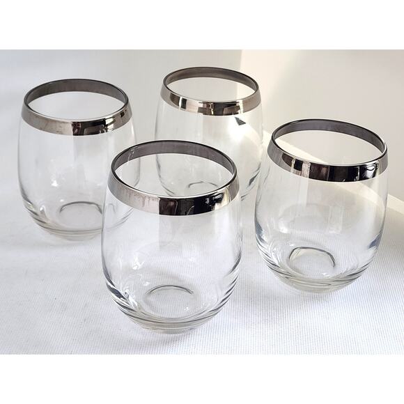 WINE GLASSES-STEMLESS-Clear Glass With Silver Rims-Rounded-Set of 4 - Picture 1 of 9